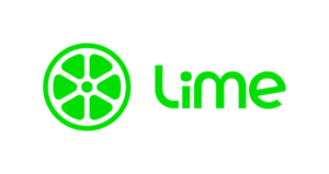 Logo of Lime. On the left is a neon green graphic of a slice of lime. On the right reads "Lime".