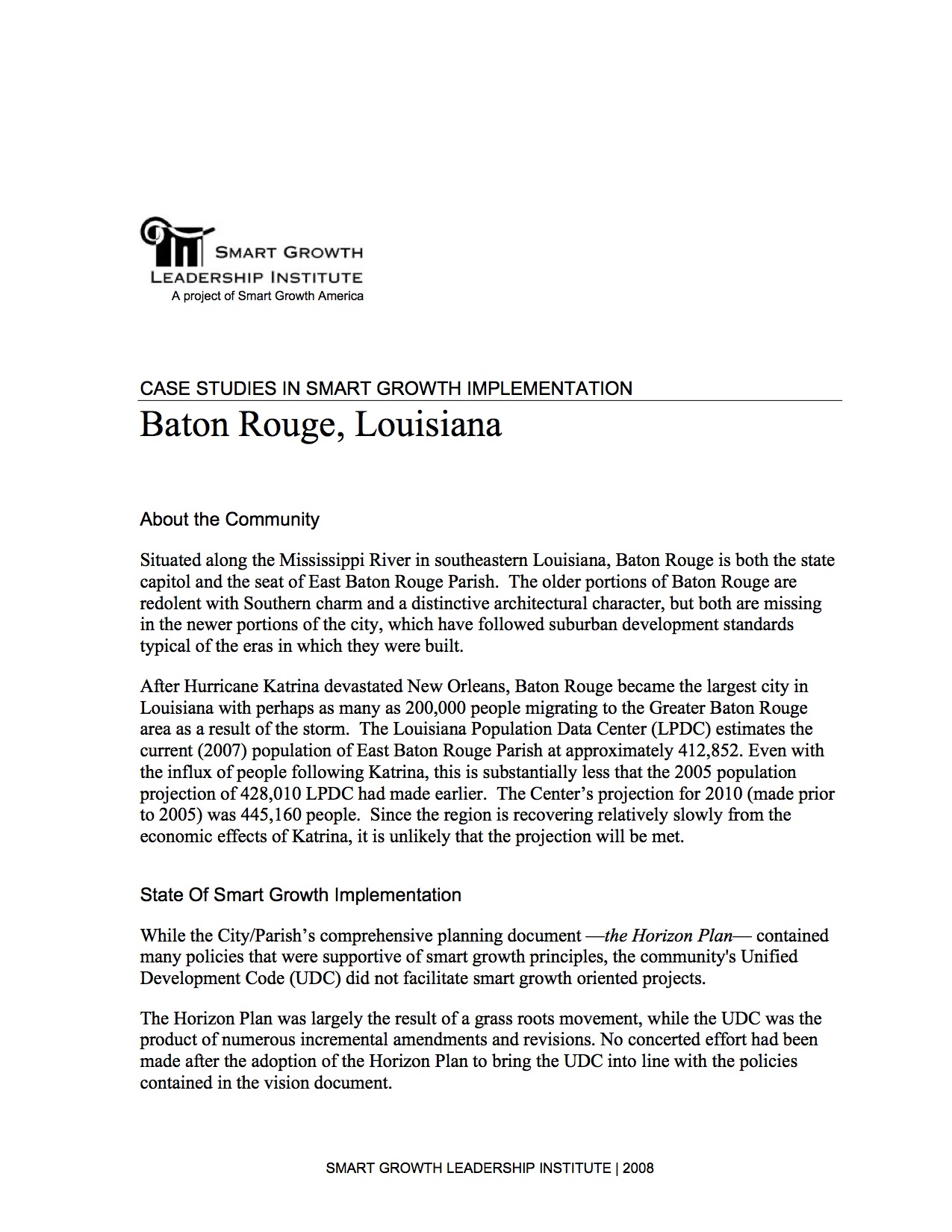 Case Studies in Smart Growth Implementation: Baton Rouge, Louisiana