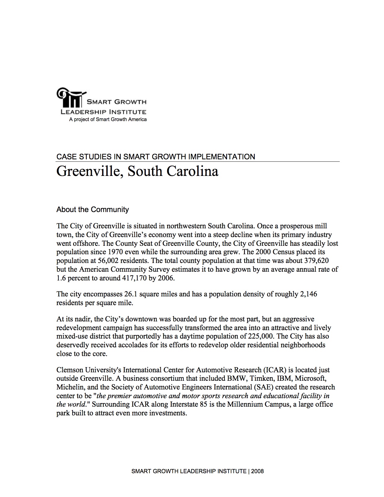 Case Studies in Smart Growth Implementation: Greenville, South Carolina