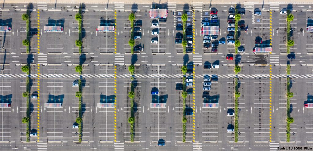 overhead aerial view of giant parking lot