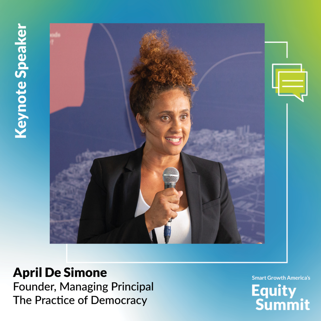 Headshot of April De Simone, Founder, Managing Principal, The Practice of Democracy, Keynote Speaker. On green, blue, white ombred background