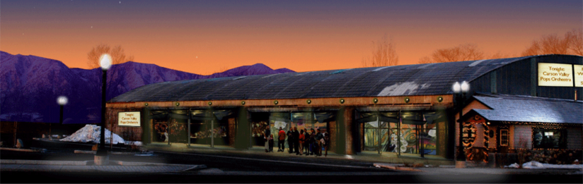 Photo of the concept for the new Copeland Arts Community Center, a well-lit building with large open windows, alive with activity